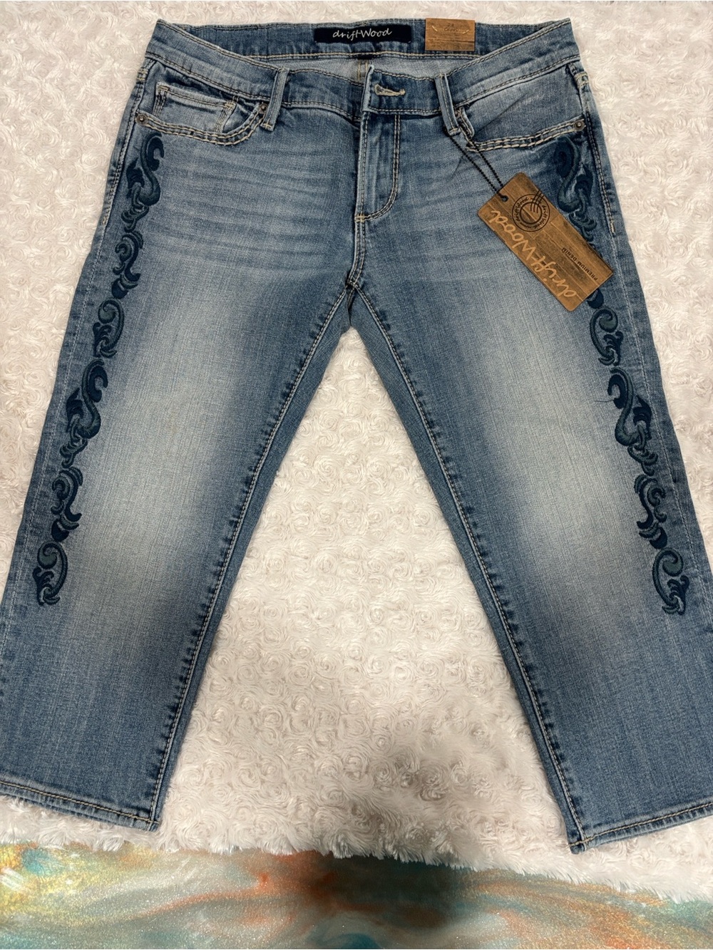 DRIFTWOOD Light Blue Women’s Straight Jeans with Dark Blue Embroidered Side Trim